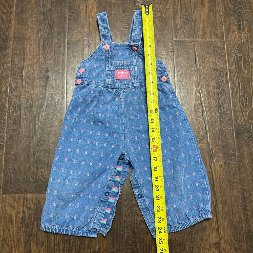 OshKosh Vintage Overalls Floral Print Snap Crotch Denim Romper Made in USA 18 Mo